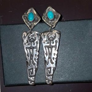 ~RESERVED~ SS earrings - Native American tribal symbols/ turquoise stones